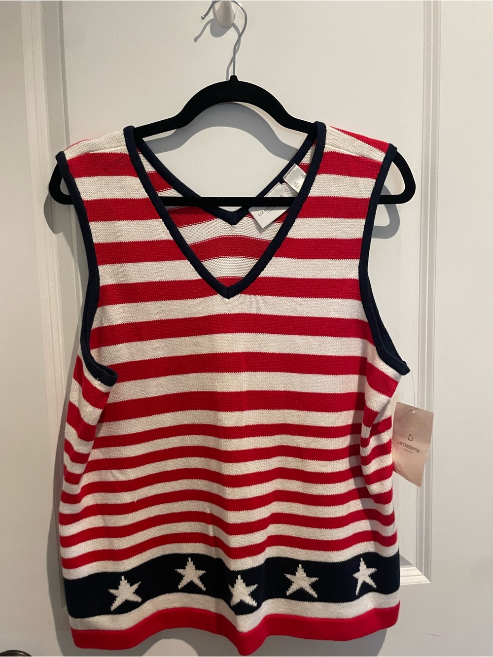 Liz Claiborne - Red White and Blue Striped V-Neck Tank with Navy Star Border